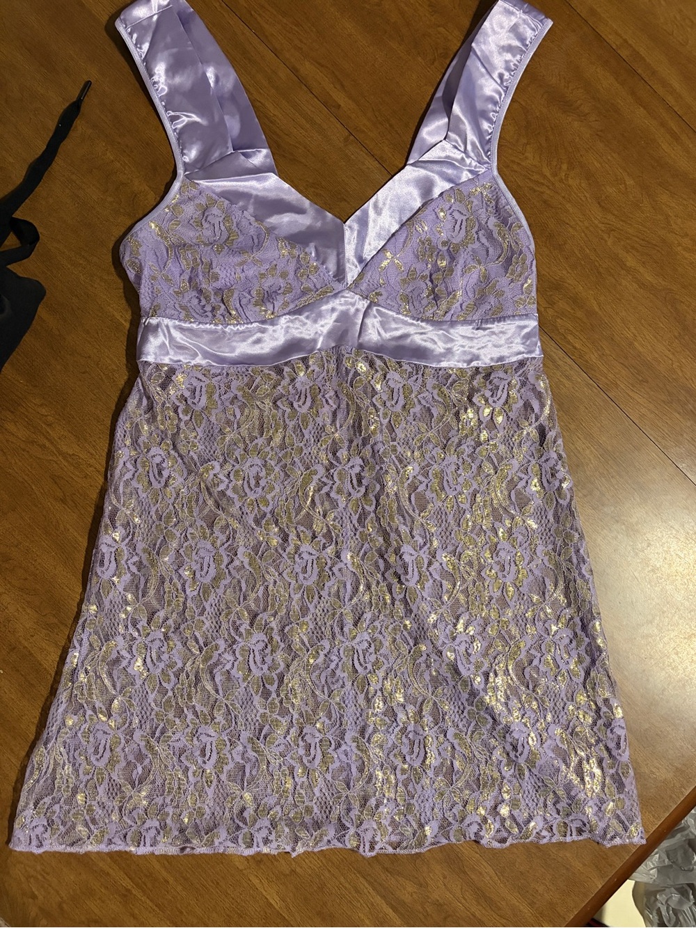 VTG Victoria's Secret Lace Slip Dress Purple Sheer Lace Gold Shimmer Chemise
